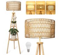 LuminexDesigns Lámpara de Pie Trípode con 2 Estantes - Pantalla Doble de Ratán y Tela, Estilo Boho Escandinavo, Casquillo E27, Interruptor de Pie, 154 cm, para Salón y Dormitorio