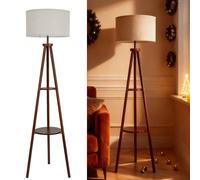 LuminexDesigns Lámpara de pie trípode con pantalla de lino, estantería de 2 niveles, interruptor de pie, compatible con bombillas inteligentes, para salón y dormitorio (bombilla no incluida)