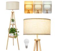 LuminexDesigns Lámpara de Pie Trípode de Madera con 2 Estantes - Estilo Boho Escandinavo, Pantalla de Tela Beige, Casquillo E27, Interruptor de Pie, 154 cm, para Salón y Dormitorio