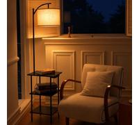 LuminexDesigns Lámpara de Pie Vintage con Estantes, Mesa Auxiliar de Madera con Estación de Carga, Retro Negra con 3 Niveles de Almacenamiento, E27 Giratoria, para Salón, Dormitorio, Rincón y Oficina