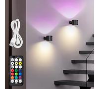 LuminexDesigns Set 2 Apliques Pared Interior LED Sin Cable - Recargables, Dimmerables, Touch y Mando, RGB 7 Colores con Timer, Negro, para Dormitorio, Baño y Cocina