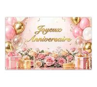 Luminora 1,8 x 1,1 m Fondo de Oro Rosa Joyeux Anniversaire (francés) Fondo de Fotografía Globo Floral Rosa Fiesta de Cumpleaños Suave Poliéster, Decoración de Fiesta Banner Accesorios de Estudio