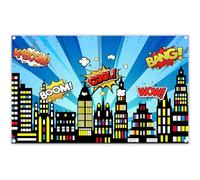 Luminora 1,8 x 1,1 m - Fondo de Tela de con diseño de superhéroes, Paisaje Urbano, escenas de Edificios, Fondo de cómic con Horizonte de Ciudad, Accesorios para pancartas fotográficas