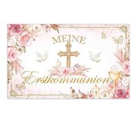 Luminora 1,8 x 1,1 m - Fondo para fotos de mi primera comunión con flores rosas de poliéster para niña, decoración, tapiz de pared, bandera, accesorios fotobooth