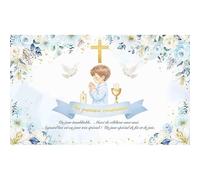Luminora 1,8x1,1 m Fondo de Niño Azul Mi Ma Première Communion (francés) Fondo de Fotografía Cruz de Oro Que Dios te Bendiga en Poliéster, Decoración de Fiesta Banner, Accesorios de Estudio