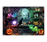 Luminora 2,1 x 1,5 m - Fondo de Halloween de con diseño de bruja mágica, castillo aterrador, calabaza, linterna, pociones, luna, noche, decoraciones navideñas para niños, pancarta para fotos de fiesta