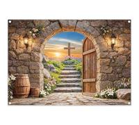 Luminora 2,1x1,5m Fondo de Pascua con la Cruz Cristiana de la resurrección, Él ha resucitado, Crucifixión, Amanecer, Fondo, Santa Cruz, Iglesia, Eventos, decoración, Pancarta de Fotos, Accesorios