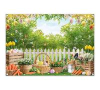 Luminora 2,1x1,5m Fondo de Primavera con jardín de Pascua, Cielo Azul, Huevos Coloridos, Zanahorias, Plantas Verdes, Mariposas, decoración de Fiesta, Pancarta de Fotos para niños y Adultos