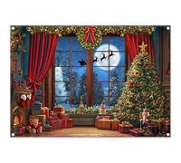 Luminora Tejido de poliéster 3 x 2,4 m Feliz Navidad Piso Ventana Luna Reno Fondo Árbol de Navidad Santa Claus Cortinas Rojas Fondo Decoraciones Navideñas Fiesta Foto Banner