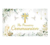 Luminora Telón de Fondo de Ma Première Communion (francés) 1,82x1,1m Fondo de Fotografía Fondo con Cruz Dorada y patrón de Cáliz de Comunión Decoración de Fiesta, Accesorios Fotográficos