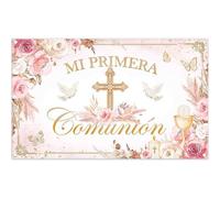 Luminora Telón de Fondo de Mi Primera comunión (español) 1,8x1,1 m Fondo de Fotografía Niña con Flores Rosadas Decoración de Confirmación, Bautizo Fiesta, Tapiz de Pared, Accesorios Fotográficos