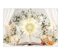 Luminora Telón de Fondo de Sagrada Comunión 2,1x1,5 m Fondo de Fotografía Cruz Rosa Blanca Lirio Paloma Vela Biblia para el Bautismo Infante Decoración de Fiesta, Accesorios Fotográficos