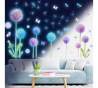 Luminoso Pegatinas Diente de León Vinilos Decorativo Diente de León Mariposa Vistoso Pegatinas de Pared Fluorescentes Mariposas Flores Luminosas Adhesivos Decoración para Salon Niños Dormitorio Azul