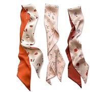 LumiSyne 3 Piezas Bufanda De Seda Estrecha Mujer Chica Flaco Larga Pañuelo De Cuello Retro Fresco Estampado Floral Patrón De Lunares Tablero Ajedrez Fulares Satín Pañuelo Para El Pelo Pañuelo Cinta