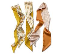 LumiSyne 3 Piezas Bufanda De Seda Estrecha Para Mujer y Chica - Pañuelo De Cuello Retro Floral Con Patrón De Lunares y Tablero Ajedrez - Satín Para El Pelo