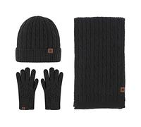 LumiSyne Invierno 3 En 1 Gorro Bufanda Guante Set Hombre Mujer Punto Grueso Color Sólido Punto Trenzado Sombrero Beanie Bufanda Larga Guantes De Pantalla Táctil Suave Cálido Forro Polar