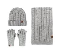 LumiSyne Invierno 3 En 1 Gorro Bufanda Guante Set Hombre Mujer Punto Grueso Color Sólido Punto Trenzado Sombrero Beanie Bufanda Larga Guantes De Pantalla Táctil Suave Cálido Forro Polar