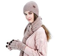 LumiSyne Invierno 3 En 1 Gorro Bufanda Guante Set Para Hombres Mujeres Guantes De Pantalla Táctil Gorro De Punto Sombrero Beanie Bufanda Jacquard Color Sólido Tela De Chenilla Avanzada (rosa)