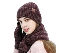 LumiSyne Invierno 3 En 1 Gorro Bufanda Guante Set Para Hombres Mujeres Guantes De Pantalla Táctil Gorro De Punto Sombrero Beanie Bufanda Jacquard Color Sólido Tela De Chenilla Avanzada (rojo)