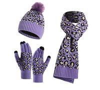 LumiSyne Invierno 3 En 1 Gorro Bufanda Guante Set Para Mujeres Sombrero Beanie Bufanda Larga Guantes De Pantalla Táctil Leopardo De Punto Pompón Suave Cálidos Espesa Forro
