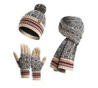 LumiSyne Invierno 3 En 1 Gorro Bufanda Guante Set Para Mujeres Sombrero Beanie Bufanda Larga Guantes De Pantalla Táctil Jacquard De Punto Patrón De Copo De Nieve Suave Cálidos Espesa Forro