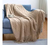 LumiSyne Manta De Punto con Flecos Color Sólido Borlas Clásica Diseño con Motivos Geométricos Comoda Suave Cubresofa Cubrecama Manta Cubrecama Decorativa para Sofá Cama 170x130cm
