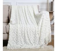 LumiSyne Manta De Punto con Flecos Color Sólido Patrón de Diamante Jacquard Comoda Suave Cubresofa Cubrecama Manta Cubrecama Decorativa para Sofá Cama 230x130cm
