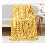 LumiSyne Manta De Punto Con Flecos Dos Colores Patrón De Rayas Y Diamante Ligeras Suave Manta De Tiro Fina Cubresofa Cubrecama Plaid Decorativa Para Sofá Cama Silla Color Amarillo Tamaño 172x130cm