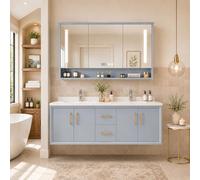 LumoHaus Mueble Baño con Lavabo Doble, Armario Baño Pared Moderno con Espejo LED, Cajones, Armarios y Estante Abierto para Baño Familiar y Suite