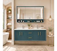 LumoHaus Mueble Baño con Lavabo Doble, Armario Baño Pared Moderno con Espejo LED, Cajones, Armarios y Estante Abierto para Baño Familiar y Suite