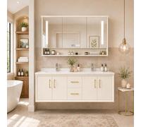 LumoHaus Mueble Baño con Lavabo Doble, Armario Baño Pared Moderno con Espejo LED, Cajones, Armarios y Estante Abierto para Baño Familiar y Suite
