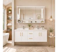 LumoHaus Mueble Baño con Lavabo Doble, Armario Baño Pared Moderno con Espejo LED, Cajones, Armarios y Estante Abierto para Baño Familiar y Suite