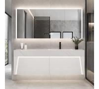 LumoHaus Mueble Baño con Lavabo, Mueble de Baño con Espejo Armario, Lavabo de Piedra Sinterizada Sin Juntas, Amplio Almacenaje