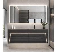 LumoHaus Mueble Baño con Lavabo, Mueble de Baño con Espejo Armario, Lavabo de Piedra Sinterizada Sin Juntas, Amplio Almacenaje