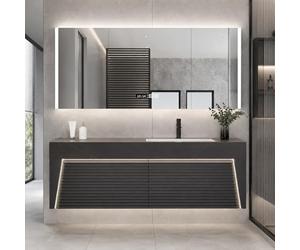 LumoHaus Mueble Baño con Lavabo, Mueble de Baño con Espejo Armario, Lavabo de Piedra Sinterizada Sin Juntas, Amplio Almacenaje