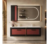 LumoHaus Mueble Baño con Lavabo, Mueble de Baño con Lavabo Suspendido, Mueble Lavabo con Espejo Inteligente Antivaho, Iluminación, Doble Lavabo, Armario de Baño con Almacenaje