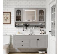 LumoHaus Mueble de Baño con Lavabo, Mueble Bajo Lavabo, Muebles de Baño Modernos, Mueble de Baño Colgar, Armario de Baño con Espejo LED, Lavabo con Mueble para Baño