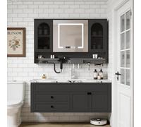 LumoHaus Mueble de Baño con Lavabo, Mueble Bajo Lavabo, Muebles de Baño Modernos, Mueble de Baño Colgar, Armario de Baño con Espejo LED, Lavabo con Mueble para Baño