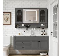LumoHaus Mueble de Baño con Lavabo, Mueble Bajo Lavabo, Muebles de Baño Modernos, Mueble de Baño Colgar, Armario de Baño con Espejo LED, Lavabo con Mueble para Baño