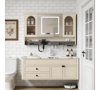 LumoHaus Mueble de Baño con Lavabo, Mueble Bajo Lavabo, Muebles de Baño Modernos, Mueble de Baño Colgar, Armario de Baño con Espejo LED, Lavabo con Mueble para Baño