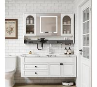 LumoHaus Mueble de Baño con Lavabo, Mueble Bajo Lavabo, Muebles de Baño Modernos, Mueble de Baño Colgar, Armario de Baño con Espejo LED, Lavabo con Mueble para Baño