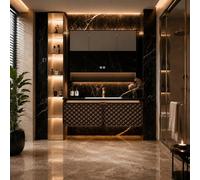 LumoHaus Mueble de Baño con Lavabo, Mueble de Baño Suspendido con Espejo Armario, Cajones de Almacenaje, LED Antivaho, Encimera de Piedra Sinterizada