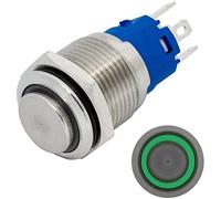 Lumonic interruptor pulsador de acero inoxidable elevado 16mm de diámetro I Con un LED anular en verde Dimensiones: 2,8x0,5mm Pin es 250V 3A I Antivandálico según norma IP65