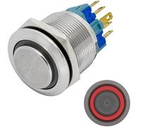 Lumonic interruptor pulsador de acero inoxidable, elevado 22mm de diámetro I Con un LED anular en rojo Dimensiones: 2,8x0,5mm clavijas 250V 3A I Antivandálico según norma IP65