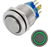 Lumonic interruptor pulsador de acero inoxidable, elevado 22mm de diámetro I Con un LED anular en verde Dimensiones: 2,8x0,5mm clavijas 250V 3A I Anti