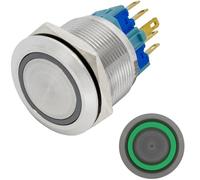 Lumonic interruptor pulsador de acero inoxidable plano de 22mm de diámetro I Con un LED anular de color verde Dimensiones: 2,8x0,5mm Pin es 250V 3A I Antivandálico según norma IP65
