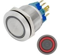 Lumonic interruptor pulsador de acero inoxidable plano de 22mm de diámetro I Con un LED anular en rojo Dimensiones: 2,8x0,5mm Pin es 250V 3A I Antivandálico según norma IP65