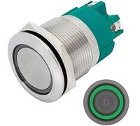 Lumonic interruptor pulsador de acero inoxidable plano de 22mm de diámetro I Con un LED anular en verde Dimensiones: Borne de tornillo 250V 3A I Antivandálico según norma IP65