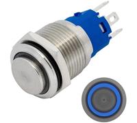 Lumonic pulsador de acero inoxidable de 16mm de diámetro I Con un LED anular en azul Dimensiones: 2,8x0,5mm clavijas 250V 3A I Antivandálico según nor