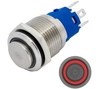 Lumonic pulsador de acero inoxidable elevado 16mm de diámetro I Con un LED anular en rojo Dimensiones: 2,8x0,5mm Pin es 250V 3A I Antivandálico según